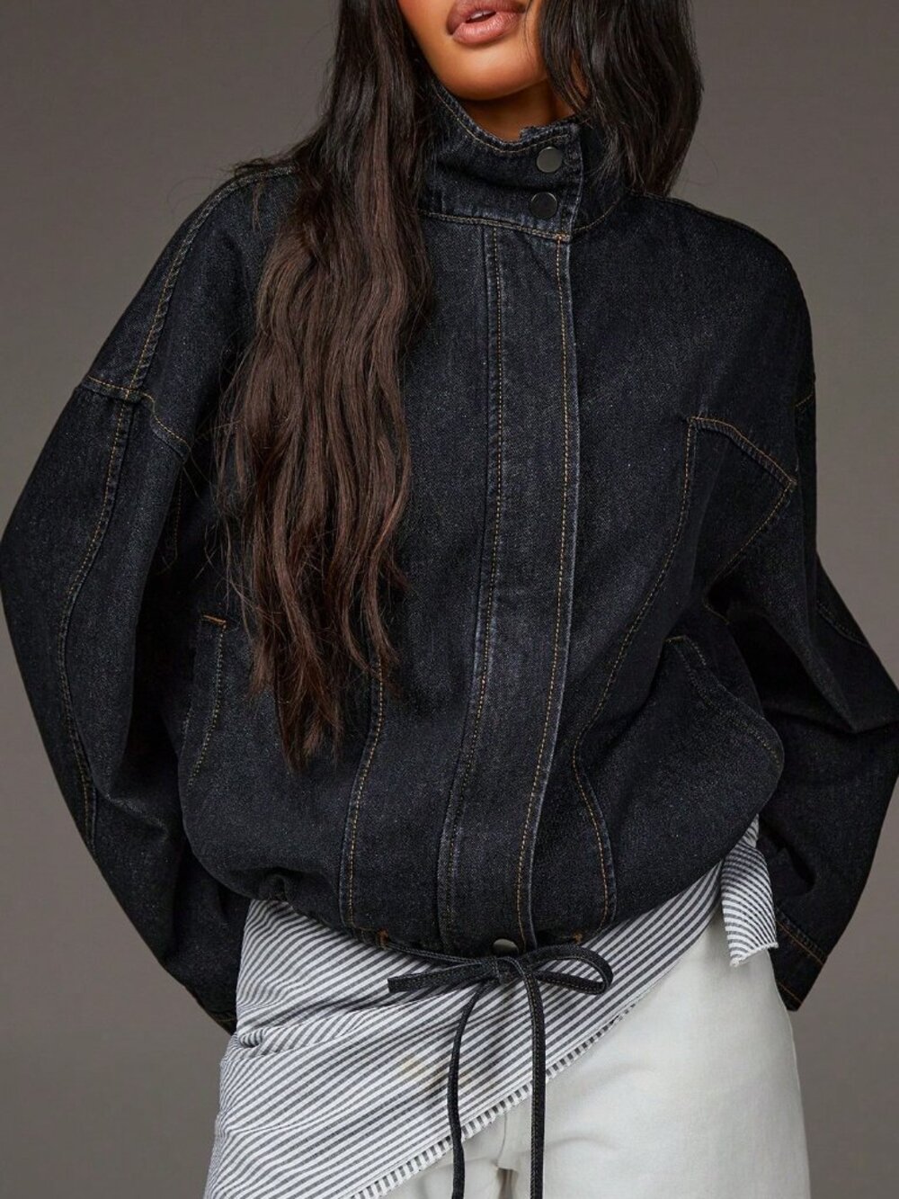 Black Casual Women's  Long Sleeved Lapel Stand Up Loose Denim Jacket - Picture 8 of 9